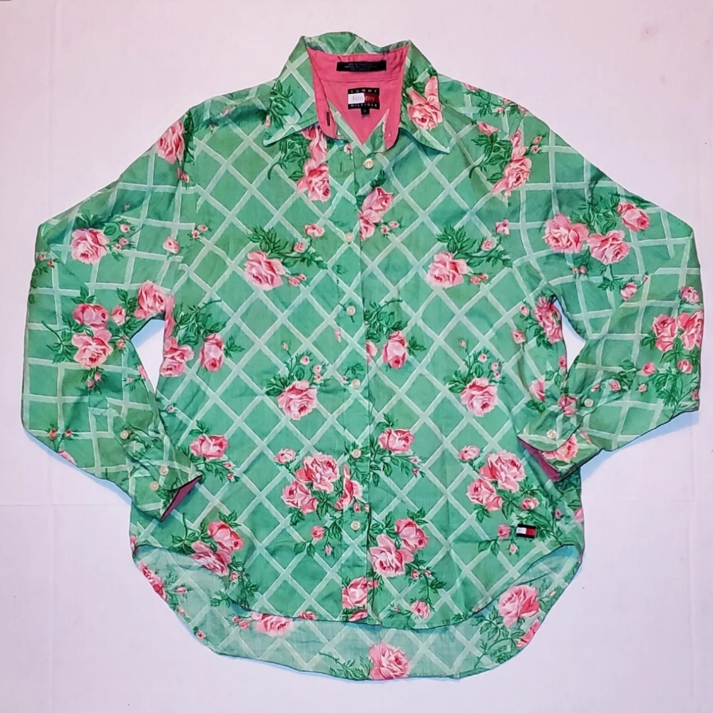 Tommy Hilfiger Womans Size 6 Button Up Shirt Long Sleeve Green Floral 100% Linen